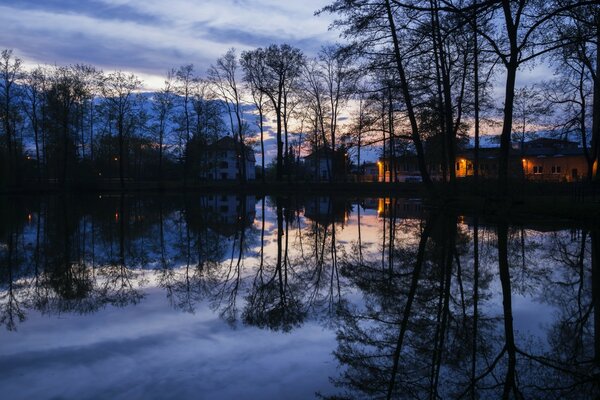 Reflet du coucher de soleil sur le paysage du lac de la forêt