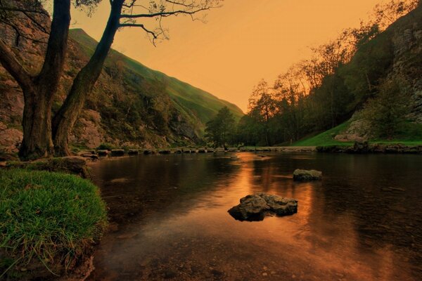 Landscape of the red river at sunset