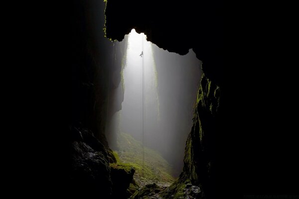 Mysterious fog between rocks and mountains