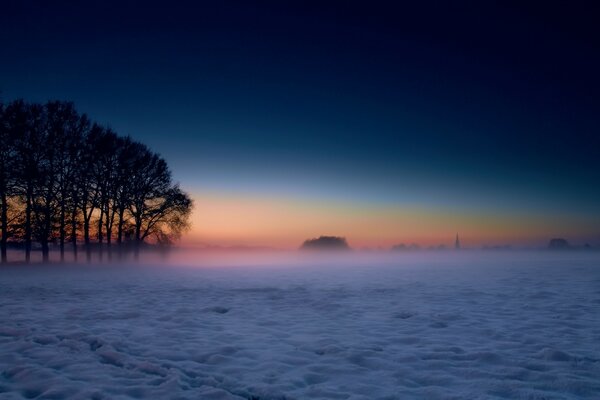 Foggy landscape at sunset