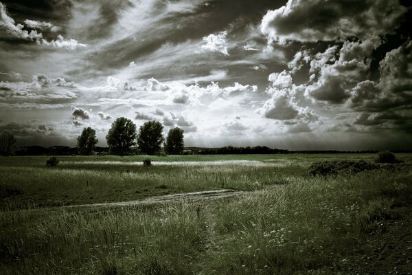 Paesaggio grigio inquietante prima della tempesta