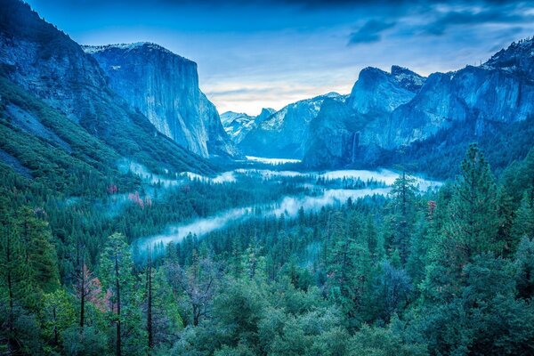 Fabulous mountains overlooking the misty forest