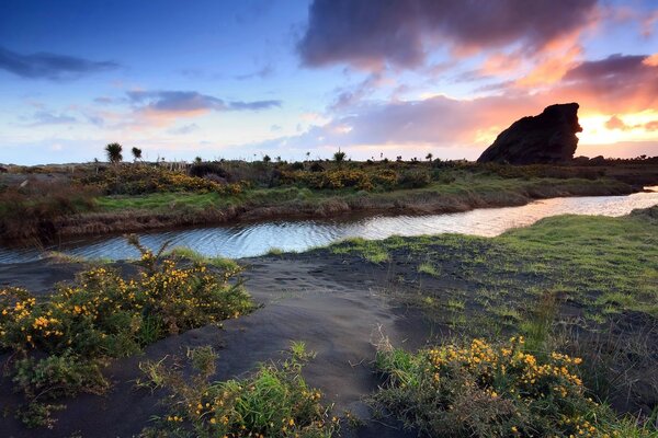 Sky, river and green grass