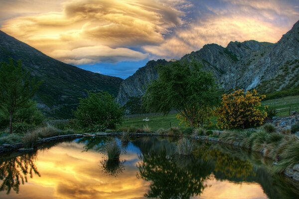 Arbustos montañas cielo agua