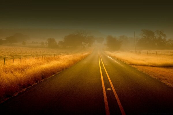 Neblige Landschaft. Straße im Morgengrauen