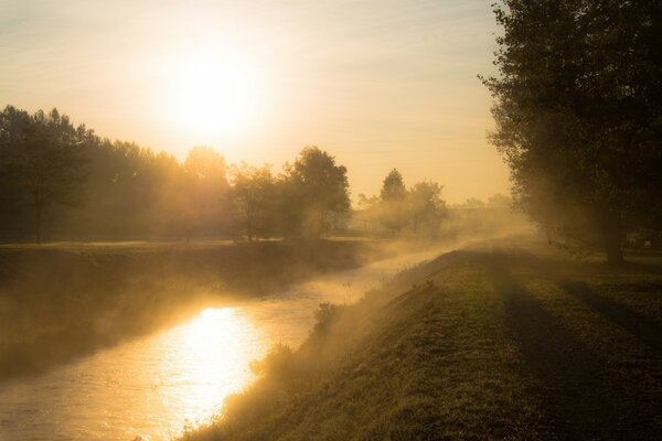 The morning sun is reflected in the lake