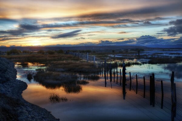 A cold sunset on an autumn swamp