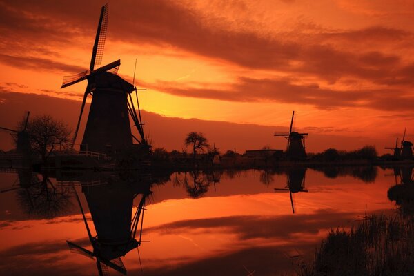 Windmühlen im purpurroten Sonnenuntergang