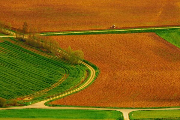 Contrasting view of fields and meadows from a bird s-eye view