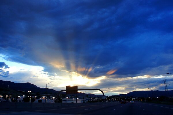 Sunset over a small town. Evening provincial town