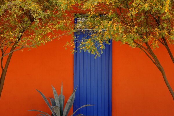 Paisaje de otoño con una puerta azul