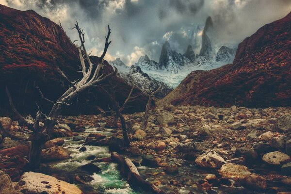 A raging mountain river and a rocky path