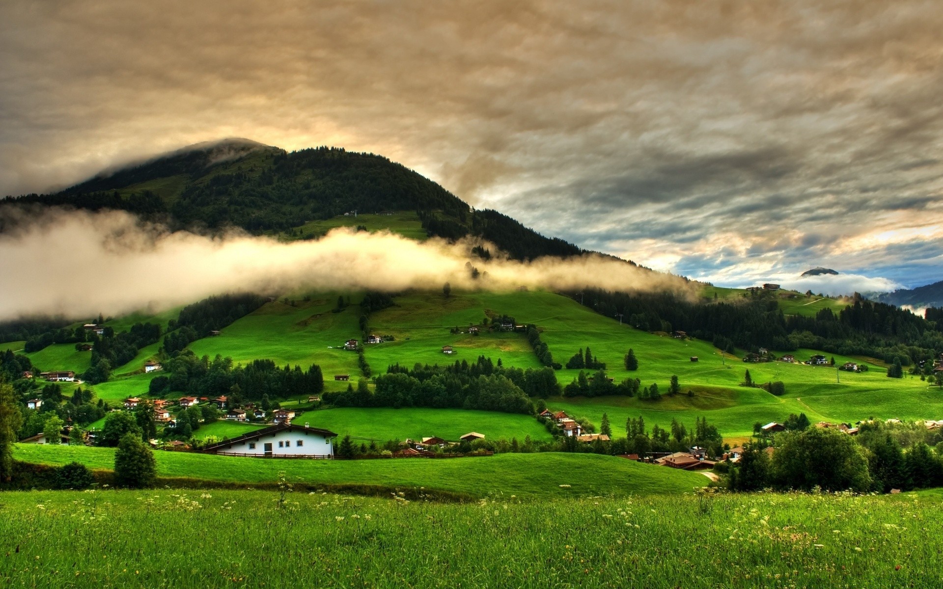 mountains landscape grass nature tree agriculture sky rural countryside outdoors field hill farm hayfield travel summer sunset pasture cloud