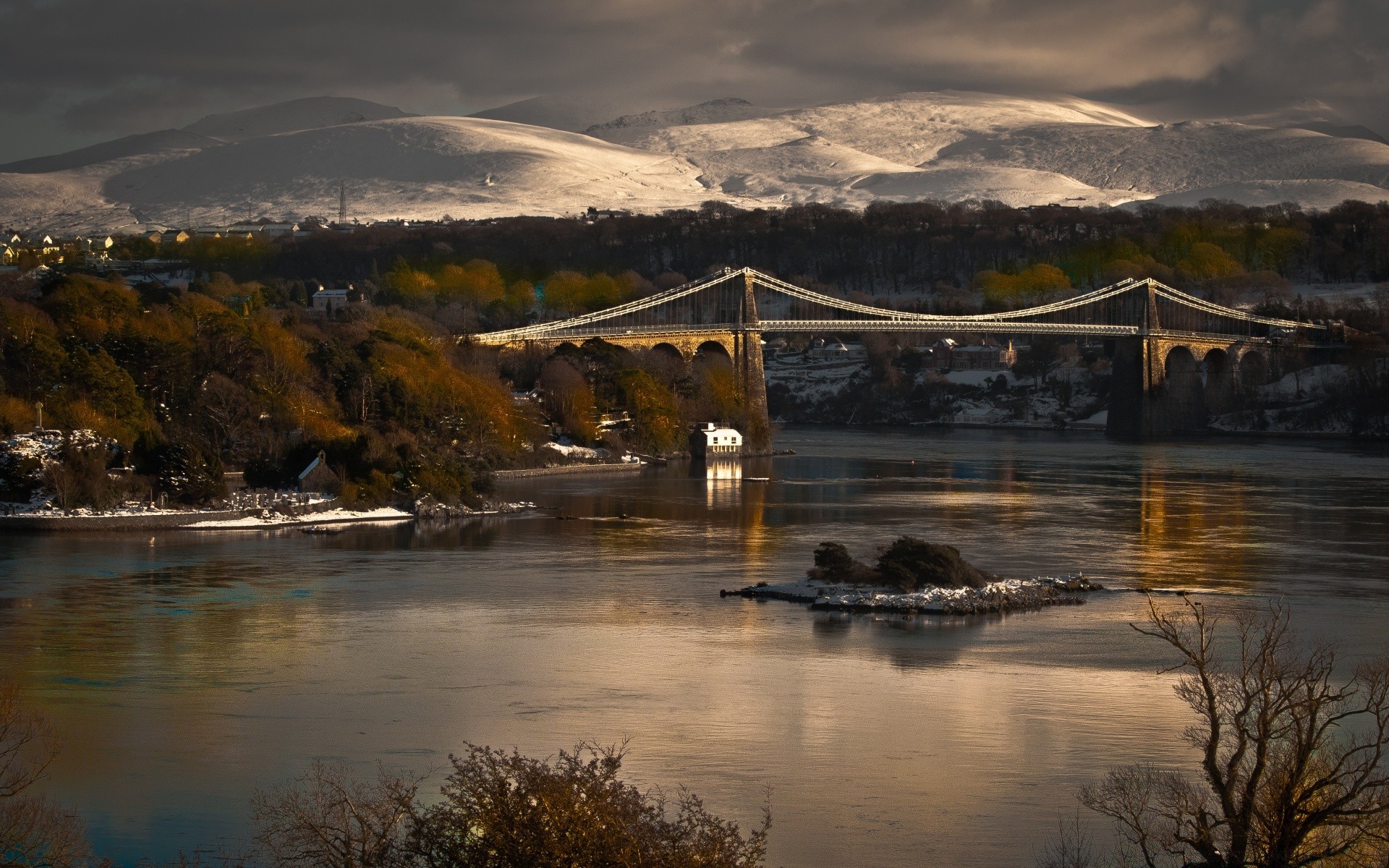 mountains water sunset river reflection travel lake landscape evening bridge light dawn sky tree winter outdoors sea