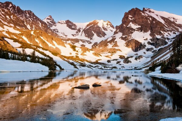 An icy lake among snowy peaks