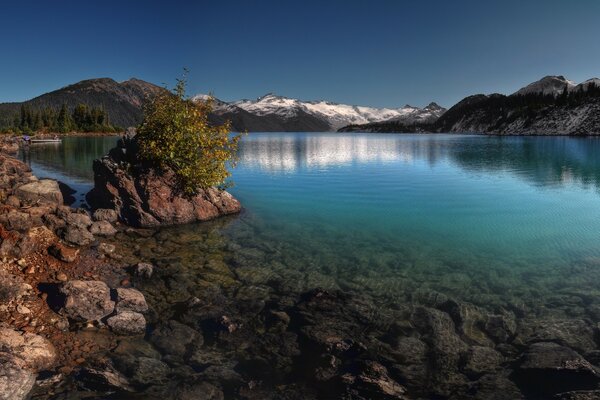 Río al pie de las montañas nevadas