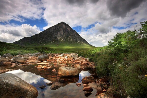 Landscape of a river with rocks near a mountain