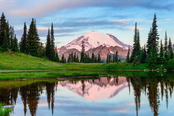 Reflection of mountains in a forest lake