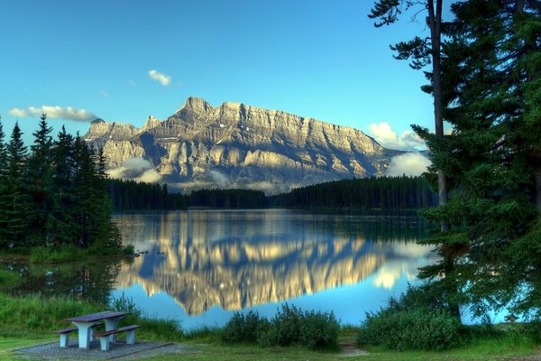 Reflection of mountains in a forest lake