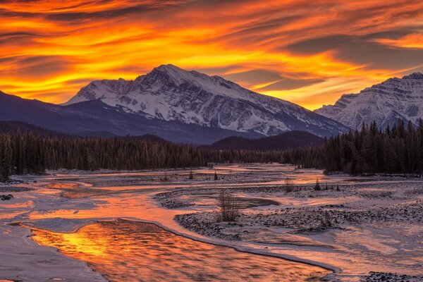 Puesta de sol en las montañas en el fondo del bosque de invierno