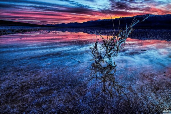 Lake landscape in twilight at sunset