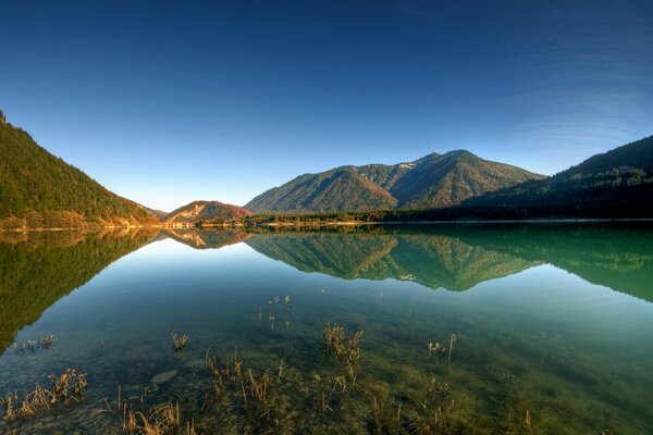 Reflejo de las cimas de las montañas en el lago