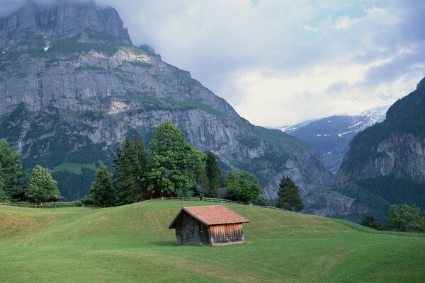 Ein Haus auf einer grünen Wiese. Die Berge