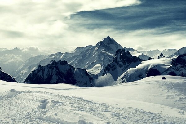 Mountains in white snow in winter