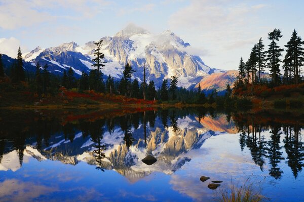 Snowy mountains are reflected in the lake