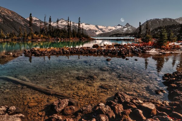 Autumn landscape of a reservoir against the background of mountains