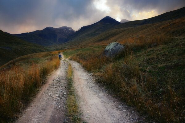 Camino de tierra a través del campo en otoño