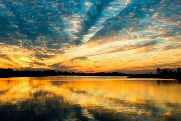 夕阳与湖面上美丽的天空