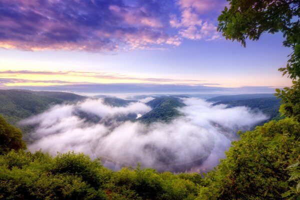 Nubes moradas y niebla