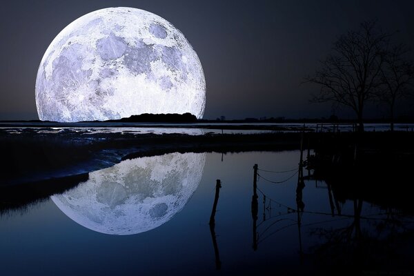 Una gran Luna en el reflejo del agua