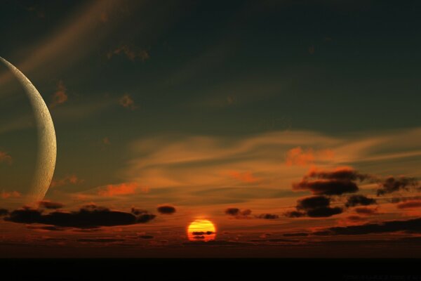 Sunset on a planet with two satellites