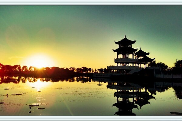 Sunset on the background of a Japanese temple