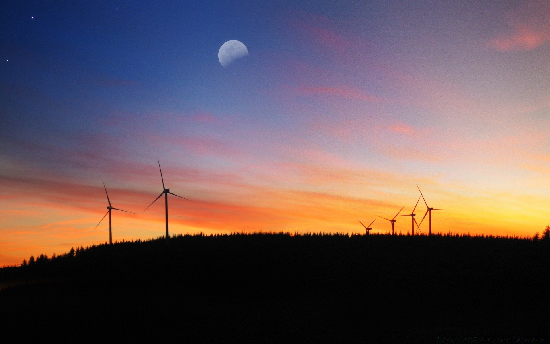 ciel moulin à vent électricité énergie turbine vent alternative meuleuse technologie générateur puissance invention coucher de soleil silhouette éolienne environnement durabilité rotation fabrication environnement paysage