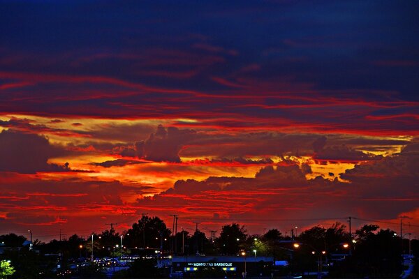 Evening sunset over a dark city