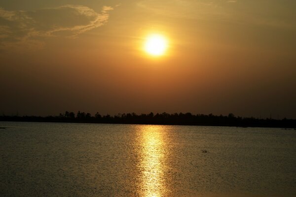 Golden sunset over the lake