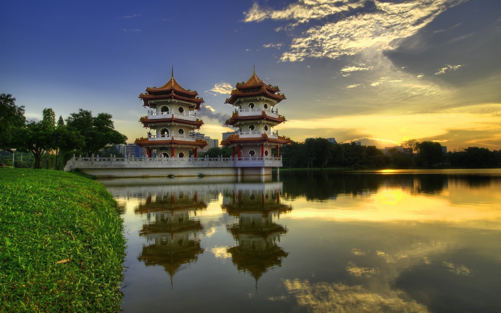 lake water reflection travel sky outdoors architecture castle temple dawn tree pool traditional marquee river landscape