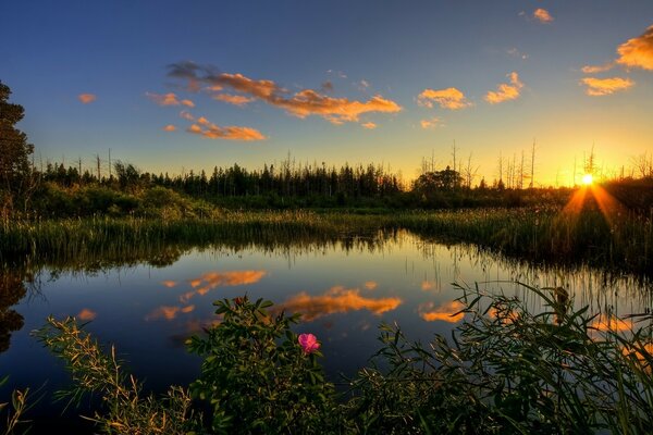 Der Abendhimmel spiegelt sich in der Sonne im See wider