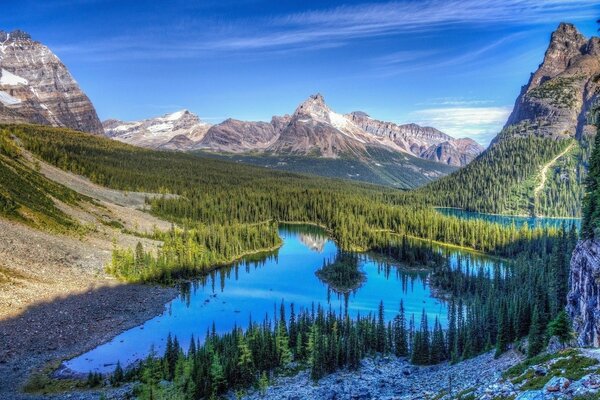 Il cielo blu si riflette in un piccolo lago