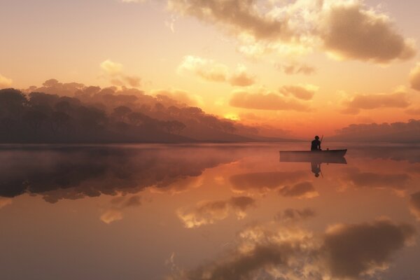 Bateau d huile sur le lac sur fond de coucher de soleil