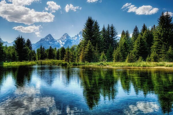 Crystal lake near mountains and forests