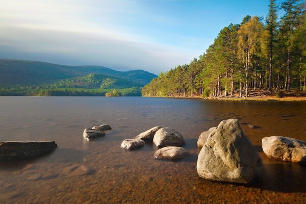 Stone boulders in the river water