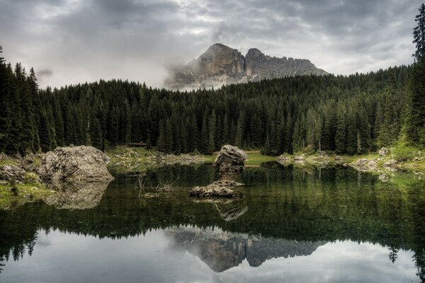 Journée sombre sur le lac de la forêt