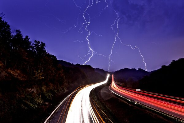 Lightning in the sky on the road