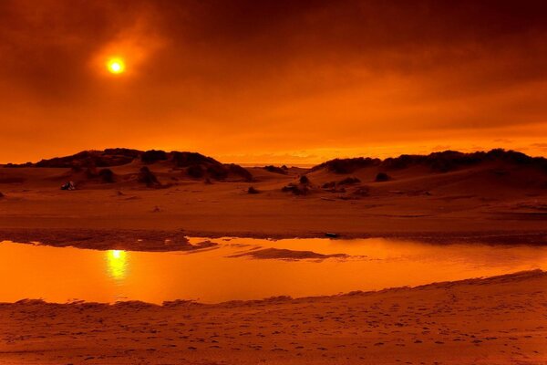 A blazing sunset in a desert area