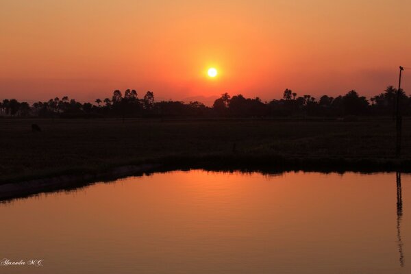 The orange sun is setting over the horizon