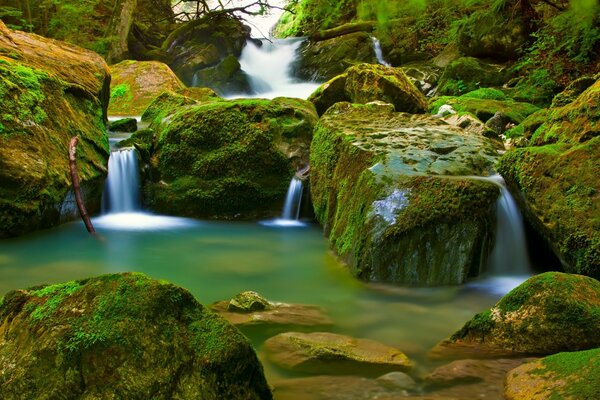 Hermoso lugar con cascadas cubiertas de musgo